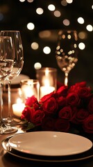 A romantic Valentine's Day dinner setup with candles and red roses.