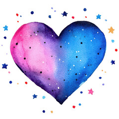 Wall Mural - Colorful Watercolor Heart with Stars and Dots in Pink and Blue Shades on a White Background