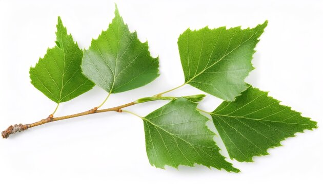 Green birch branch displaying fresh, verdant leaves, contrasting against pristine white backdrop, highlighting seasonal vitality