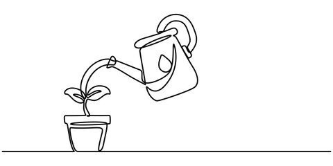 Fototapete - Continuous single line sketch drawing of watering can plant tree seedling growth. One line art of nature agriculture farming economy growing vector illustration, Watering Can and Flower, pro vector.