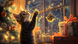 © Picgaxel - playful cat reaching for shiny ornament near decorated Christmas tree, surrounded by festive gifts and warm lights, creating cozy holiday atmosphere
