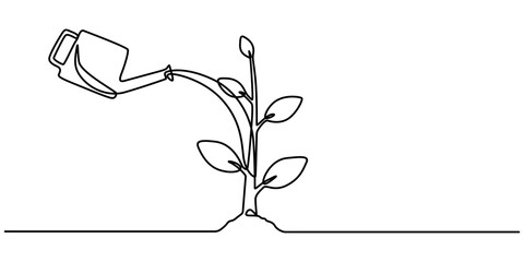 Fototapete - Continuous single line sketch drawing of watering can plant tree seedling growth. One line art of nature agriculture farming economy growing vector illustration, Watering Can and Flower, pro vector.