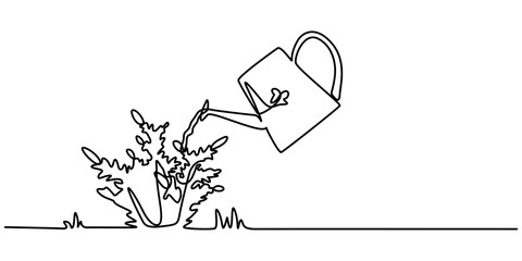 Fototapete - Continuous single line sketch drawing of watering can plant tree seedling growth. One line art of nature agriculture farming economy growing vector illustration, Watering Can and Flower, pro vector.