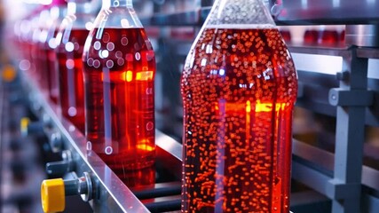 Aufkleber - This Colorful fizzy drink bottles glide along the production line, highlighting the bottling process.
