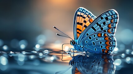 Wall Mural - Blue butterfly with orange accents perched on water, reflecting, bokeh background.