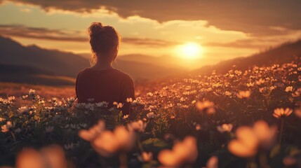 bright sunset illuminates wildflowers in a serene meadow during early evening hours