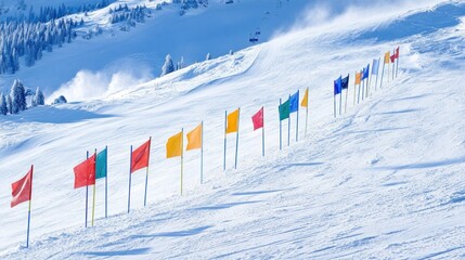 Wall Mural - Colorful flags mark a snowy ski slope, indicating boundaries or paths for skiers.