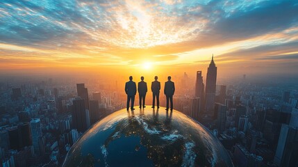 Wall Mural - Four businessmen standing on top of the world.