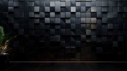 Wall Mural - polished tiles arranged to create a 3d wall. triangular, futuristic background formed from black blo