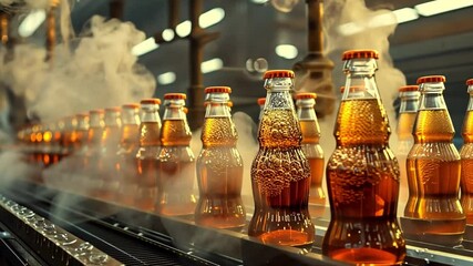 Aufkleber - This Bottles filled with sparkling soda glide on a conveyor belt, surrounded by steam.
