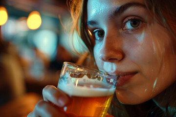 Wall Mural - Ai generated photo of young woman in pub at evening