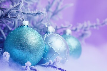 Sticker - Three blue and silver Christmas ornaments lying on snowy ground