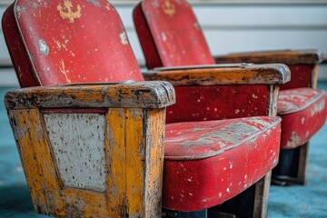 Sticker - Two vintage red chairs sit side by side, worn and weathered with age