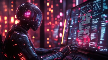 Futuristic robot programmer analyzing code in neon-lit environment