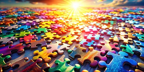 Wall Mural - Panoramic Puzzle Piece Photography: Stunning Jigsaw Scenes, Colorful Interlocking Pieces, Abstract Puzzle Backgrounds