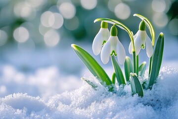the first spring flowers snowdrops grow from under the snow. early spring. background, wallpaper, ba