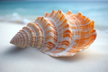 Canvas Print - A beautiful orange and white shell found on a sandy beach, perfect for photography or decoration