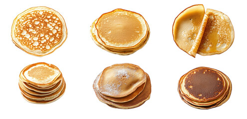 Wall Mural - six delicious pancakes isolated on transparent background. including a single pancake. a stack of pancakes. and a pancake folded in half