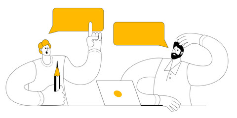 Developer and designer discussing work. Vector illustration on the topic of development, design and programming. Simple cartoon style.