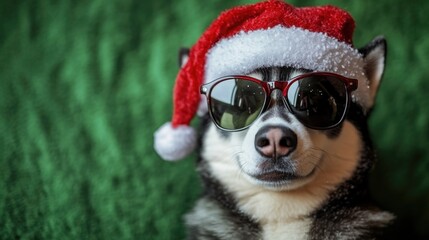 Poster - A happy dog wearing sunglasses and a Santa hat, perfect for holiday-themed photoshoots or social media posts