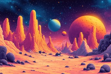 Wall Mural - a picture of a desert landscape with rocks and planets in the background