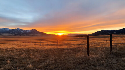 Wall Mural - stunning sunset over serene mountain landscape with grassy fields and wooden fence posts at dusk