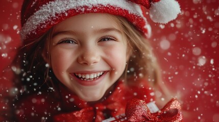 Poster - Young child holding gift and wearing festive headgear, ideal for holiday themes or Christmas marketing