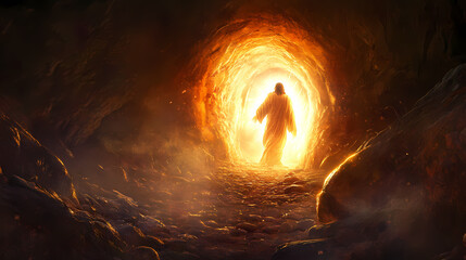 Wall Mural - a depiction of jesus resurrected, emerging from the tomb in radiant light, symbolizing victory over 