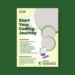 Coding, computer programming and kids technology educational editable print flyer or poster template, Kid technology class leaflet, brochure cover template design