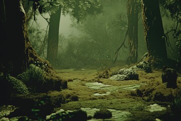 Wall Mural - Path through a dense forest with lush green moss covering the ground, perfect for outdoor and nature-themed projects