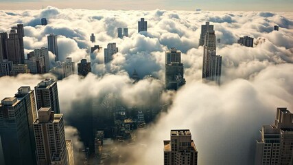 Fototapete - Stunning aerial view of skyscrapers emerging from thick clouds at sunrise in a vibrant urban landscape