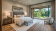 © Jelena - modern bedroom interior exudes tranquility with rich hardwood floors, minimalist décor, and soft, neutral lighting that emphasizes comfort and warmth