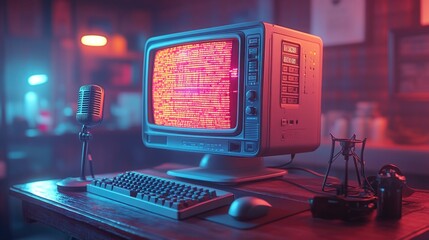A computer monitor sits atop a wooden desk, ready for use