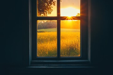 Wall Mural - A window with a view of a field and a sun shining through it