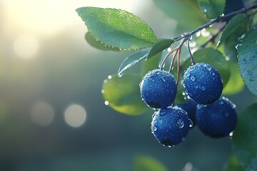 Wall Mural - A blueberry bush with three blue berries on it