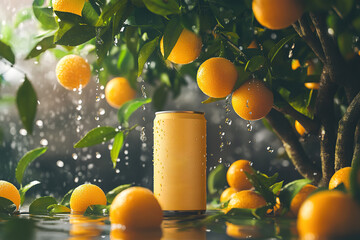 an orange juice can mockup with a fresh orange design, surrounded by water droplets and ripe oranges
