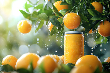 an orange juice can mockup with a fresh orange design, surrounded by water droplets and ripe oranges