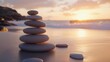 © Jelena - perfectly stacked zen stones balancing harmoniously, set against a tranquil natural backdrop, inviting reflection and mindfulness in a meditative composition