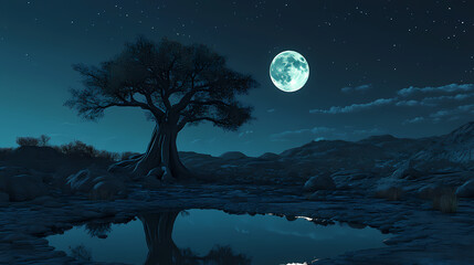 Wall Mural - generative ai illustration of serene baobab tree stands tall amid a rocky landscape under a night sk