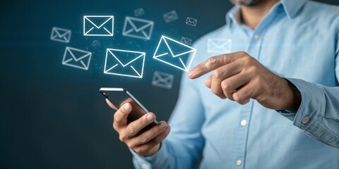 Man touching message icon hologram, concept of message and email. 