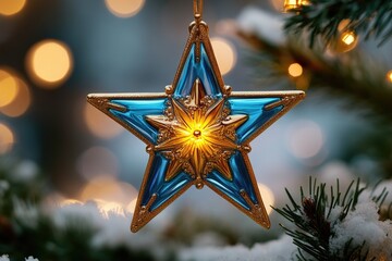 a blue star ornament hangs from a decorated christmas tree
