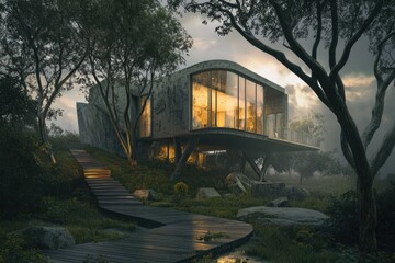 Wall Mural - A isolated house surrounded by trees in a dense forest