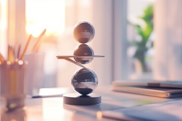 Wall Mural - A stack of three glass or metal spheres resting on a desk surface