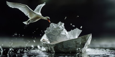 Poster - A bird soars above a small paper boat floating on calm water, great for travel or adventure-themed projects