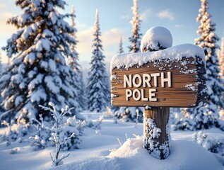 Poster - wooden signpost in a snowy forest, indicating the North Pole. The sign is surrounded by tall evergreen trees covered in snow, creating a picturesque winter scene.