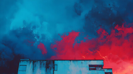 Wall Mural - A blue and red sky with a white building in the background  -