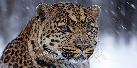 Wall Mural - Close-up of a leopard's face in snowy environment