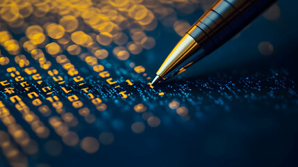 A pen writing code on a computer screen, a data technology concept with a blue background. A close-up view of text and digital information in the form of numbers, words, or symbols  -