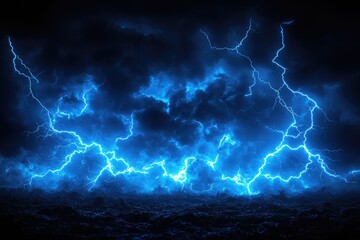 Wall Mural - A dramatic and intense blue lightning cloud formation in the night sky
