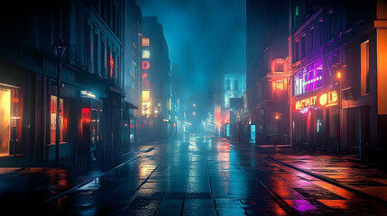 Wall Mural - Cyberpunk streets illustration, futuristic city, dystoptic artwork at night, 4k wallpaper. Rain foggy, moody empty future. Evil buildings